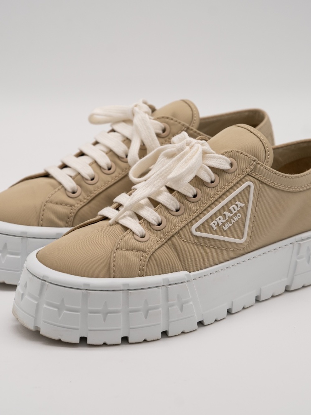 Prada Women's Sneakers Double Wheel Nylon Beige Triangle logo size 39.5eu 9.5 US
